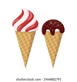 Set of two tasty ice cream in waffle scoop, one whipped with strawberry jam, the other covered with chocolate. Isolated on white. Vector. Flat design