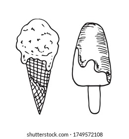 Dos helados sabrosos aislados de fondo blanco. Dibujo manual de ilustración vectorial en estilo doodle. Cono de gofre con sundae y chocolate sabroso refresco de fruta fría