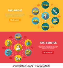 Set of two taxi horizontal banners with read more button text and round taxicab drive icons vector illustration