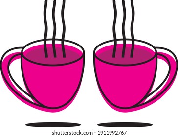Set of two Tea cups illustration with steam and shadow, Retro style Relaxing. Ideal for Fabric and Paper print