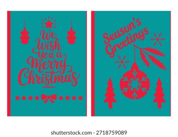 Set of two teal and red Christmas greeting cards with Merry Christmas and seasonal greetings text elements