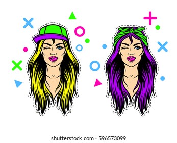 Set of two teenage girl in 90s style with open mouth and showing tongue. Colorful print of  young girl face from 90s 