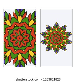 Set of two template brochures, cards, invitations, flyers with delicate floral mandala pattern. Vector background. Islam, arabic, indian, ottoman motifs.