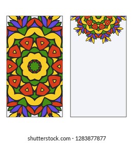 Set of two template brochures, cards, invitations, flyers with delicate floral mandala pattern. Vector background. Islam, arabic, indian, ottoman motifs.