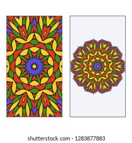 Set of two template brochures, cards, invitations, flyers with delicate floral mandala pattern. Vector background. Islam, arabic, indian, ottoman motifs.