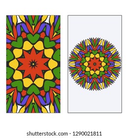 Set of two template brochures, cards, invitations, flyers with delicate floral mandala pattern. Vector background. Islam, arabic, indian, ottoman motifs.