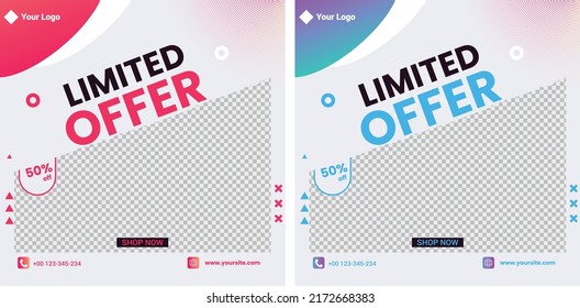 Conjunto de dos fuentes de plantilla para publicidad en medios sociales, diseño para la venta de moda, vector con formas abstractas. Nuevo conjunto de plantillas de banners mínimas editables. Adecuado para publicaciones en medios sociales agrega.