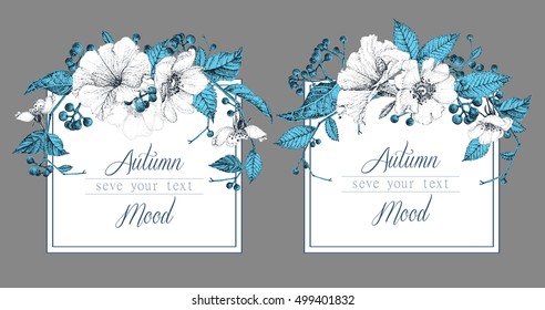 Set of two templates for cards or invitations. Vector illustration. Composition of autumn flowers and berries. Pointillism style.
