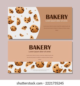 Set of two templates flyers design. Vector illustration of chocolate cookies with crumbs. Brown, beige, white horizontal background,copy-space isolated on gray.Bakeries,cafe,banners,cards concept.