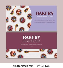 Set of two templates flyers design.Vector illustration of muffins and spoons with berries.Purple and white horizontal background,copy-space isolated on gray.Bakeries,cafe,banners,cards concept.