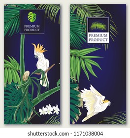 Set of two templates for label for premium product  or cards,  invitation, banner  with tropical plants, palm leaves, monsters, orchids and birds. Colored vector illustration
