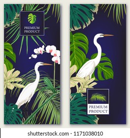 Set of two templates for label for premium product  or cards,  invitation, banner  with tropical plants, palm leaves, monsters, orchids and birds. Colored vector illustration

