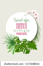Set of two templates for label for premium product  or cards,  invitation, banner  with tropical plants, palm leaves, monsters, orchids and birds.
