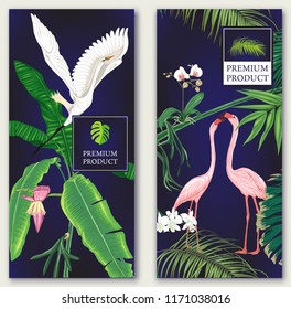 Set of two templates for label for premium product  or cards,  invitation, banner  with tropical plants, palm leaves, monsters, orchids and birds. Colored vector illustration
