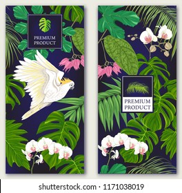 Set of two templates for label for premium product  or cards,  invitation, banner  with tropical plants, palm leaves, monsters, orchids and birds. Colored vector illustration
