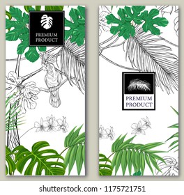 Set of two templates for label for premium product  or cards,  invitation, banner  with tropical plants, palm leaves, monsters, orchids and birds. Colored and outline design. Vector illustration.
