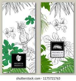 Set of two templates for label for premium product  or cards,  invitation, banner  with tropical plants, palm leaves, monsters, orchids and birds. Colored and outline design. Vector illustration.

