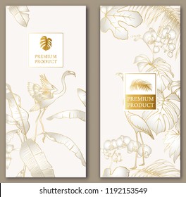 Set of two templates for label for premium product or cards, invitation, banner  with tropical plants, palm, monsters, orchids and birds. Outline hand drawing vector illustration.  In gold and white.