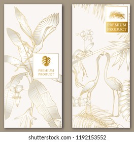 Set of two templates for label for premium product or cards, invitation, banner  with tropical plants, palm, monsters, orchids and birds. Outline hand drawing vector illustration.  In gold and white.
