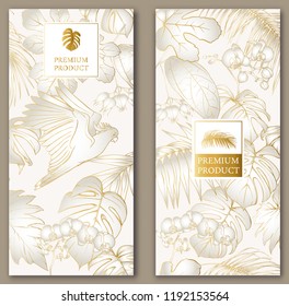 Set of two templates for label for premium product or cards, invitation, banner  with tropical plants, palm, monsters, orchids and birds. Outline hand drawing vector illustration.  In gold and white.
