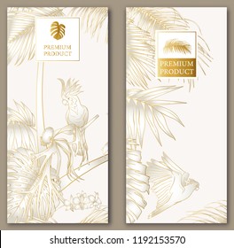 Set of two templates for label for premium product or cards, invitation, banner  with tropical plants, palm, monsters, orchids and birds. Outline hand drawing vector illustration.  In gold and white.