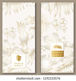 Set of two templates for label for premium product or cards, invitation, banner  with tropical plants, palm, monsters, orchids and birds. Outline hand drawing vector illustration.  In gold and white.