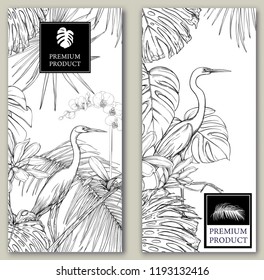 Set of two templates for label for premium product  or cards, invitation, with tropical plants, palm leaves, monsters, orchids and birds. Graphic drawing, engraving style. vector illustration.
