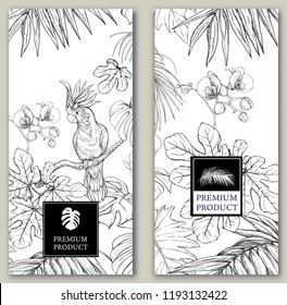Set of two templates for label for premium product  or cards, invitation, with tropical plants, palm leaves, monsters, orchids and birds. Graphic drawing, engraving style. vector illustration.
