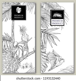 Set of two templates for label for premium product  or cards, invitation, with tropical plants, palm leaves, monsters, orchids and birds. Graphic drawing, engraving style. vector illustration.
