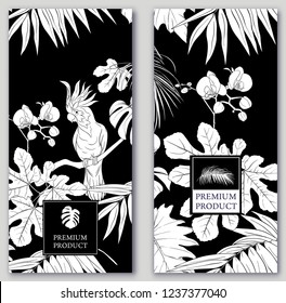 Set of two templates for label for premium product  or cards,  invitation, banner  with tropical plants, palm leaves, monsters, orchids and birds. Black-and-white graphics. Vector illustration.
