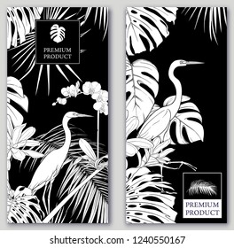 Set of two templates for label for premium product  or cards,  invitation, banner  with tropical plants, palm leaves, monstera, orchids and birds. Black-and-white graphics. Vector illustration.
