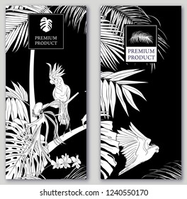 Set of two templates for label for premium product  or cards,  invitation, banner  with tropical plants, palm leaves, monstera, orchids and birds. Black-and-white graphics. Vector illustration.
