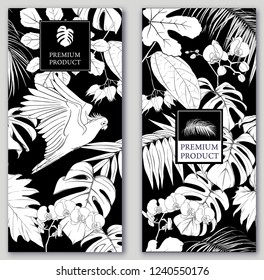 Set of two templates for label for premium product  or cards,  invitation, banner  with tropical plants, palm leaves, monstera, orchids and birds. Black-and-white graphics. Vector illustration.
