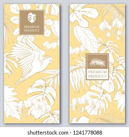 Set of two templates for label for premium product  or cards,  invitation, with tropical plants, palm, monsters, orchids and birds. Outline hand drawing vector illustration on soft yellow background.
