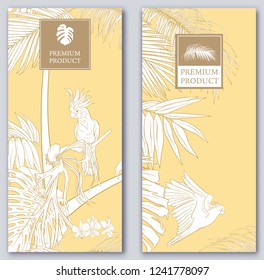 Set of two templates for label for premium product  or cards,  invitation, with tropical plants, palm, monsters, orchids and birds. Outline hand drawing vector illustration on soft yellow background.
