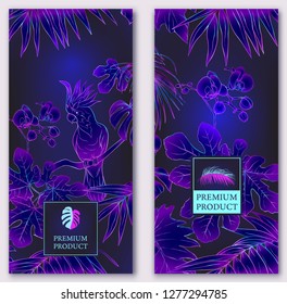 Set of two templates for label for premium product  or cards,  invitation, with tropical plants, palm, monsters, orchids and birds. Outline hand drawing vector illustration in neon colors