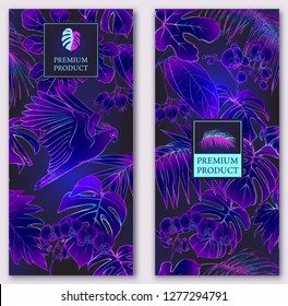 Set of two templates for label for premium product  or cards,  invitation, with tropical plants, palm, monsters, orchids and birds. Outline hand drawing vector illustration in neon colors
