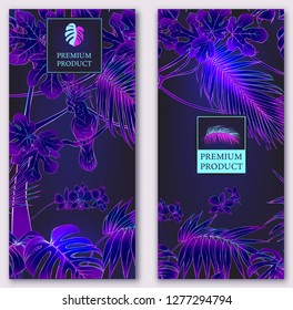 Set of two templates for label for premium product  or cards,  invitation, with tropical plants, palm, monsters, orchids and birds. Outline hand drawing vector illustration in neon colors
