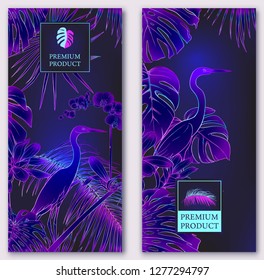 Set of two templates for label for premium product  or cards,  invitation, with tropical plants, palm, monsters, orchids and birds. Outline hand drawing vector illustration in neon colors
