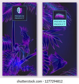 Set of two templates for label for premium product  or cards,  invitation, with tropical plants, palm, monsters, orchids and birds. Outline hand drawing vector illustration in neon colors
