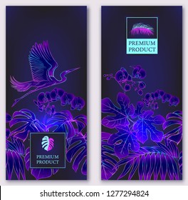 Set of two templates for label for premium product  or cards,  invitation, with tropical plants, palm, monsters, orchids and birds. Outline hand drawing vector illustration in neon colors
