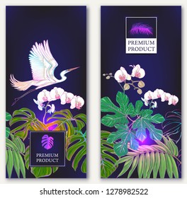 Set of two templates for label for premium product  or cards,  invitation, banner  with tropical plants, palms, monsters, orchids and birds. Colored vector illustration in neon, fluorescent colors