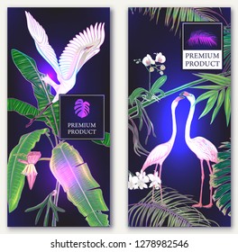 Set of two templates for label for premium product  or cards,  invitation, banner  with tropical plants, palms, monsters, orchids and birds. Colored vector illustration in neon, fluorescent colors
