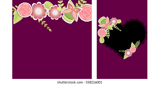 Set of two templates for wedding,birthday invitation, valentines day, card,postcards with lace heart and flowers