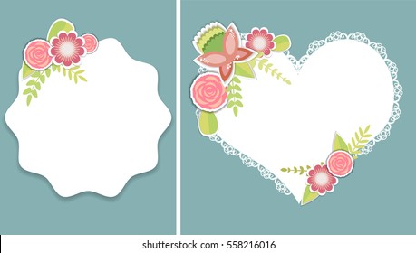 Set of two templates for wedding,birthday invitation, valentines day, card,postcards with lace heart, white frame and flowers