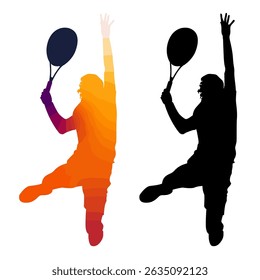 Set of two tennis player silhouettes in vibrant gradient effect, showcasing dynamic swinging poses. Ideal for tennis schools, sports infographics, fitness themes, and promotional designs