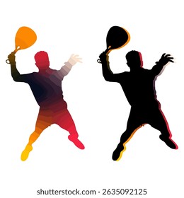 Set of two tennis player silhouettes in vibrant gradient effect, showcasing dynamic swinging poses. Ideal for tennis schools, sports infographics, fitness themes, and promotional designs