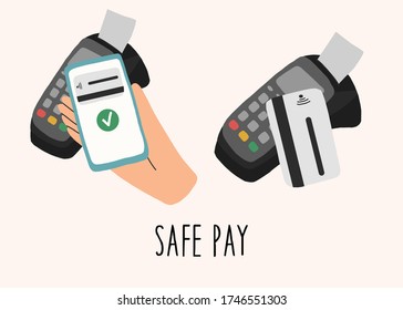 A set of two terminals. No contact payment. Secure payment. Easy payment. Vector hand drawn illustration.