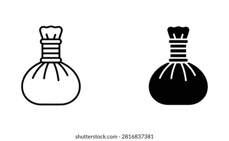 A set of two Thai herbal compress massage balls depicted in outline and solid black icon styles, used for spa treatment and holistic body therapy sessions.