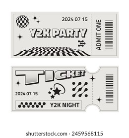 Set of two ticket templates in trendy retro style . Hippie style party ticket with futuristic elements. Y2k style design.